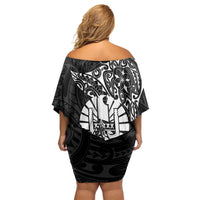 French Polynesia Manta Ray Tattoo Family Matching Off Shoulder Short Dress and Hawaiian Shirt Tahiti Hahalua Turtle Shark Black Color LT14 - Polynesian Pride