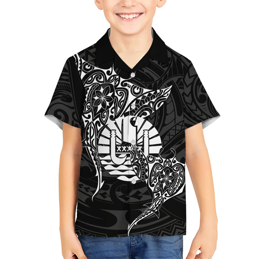 French Polynesia Manta Ray Tattoo Family Matching Off Shoulder Short Dress and Hawaiian Shirt Tahiti Hahalua Turtle Shark Black Color LT14 Son's Shirt Black - Polynesian Pride