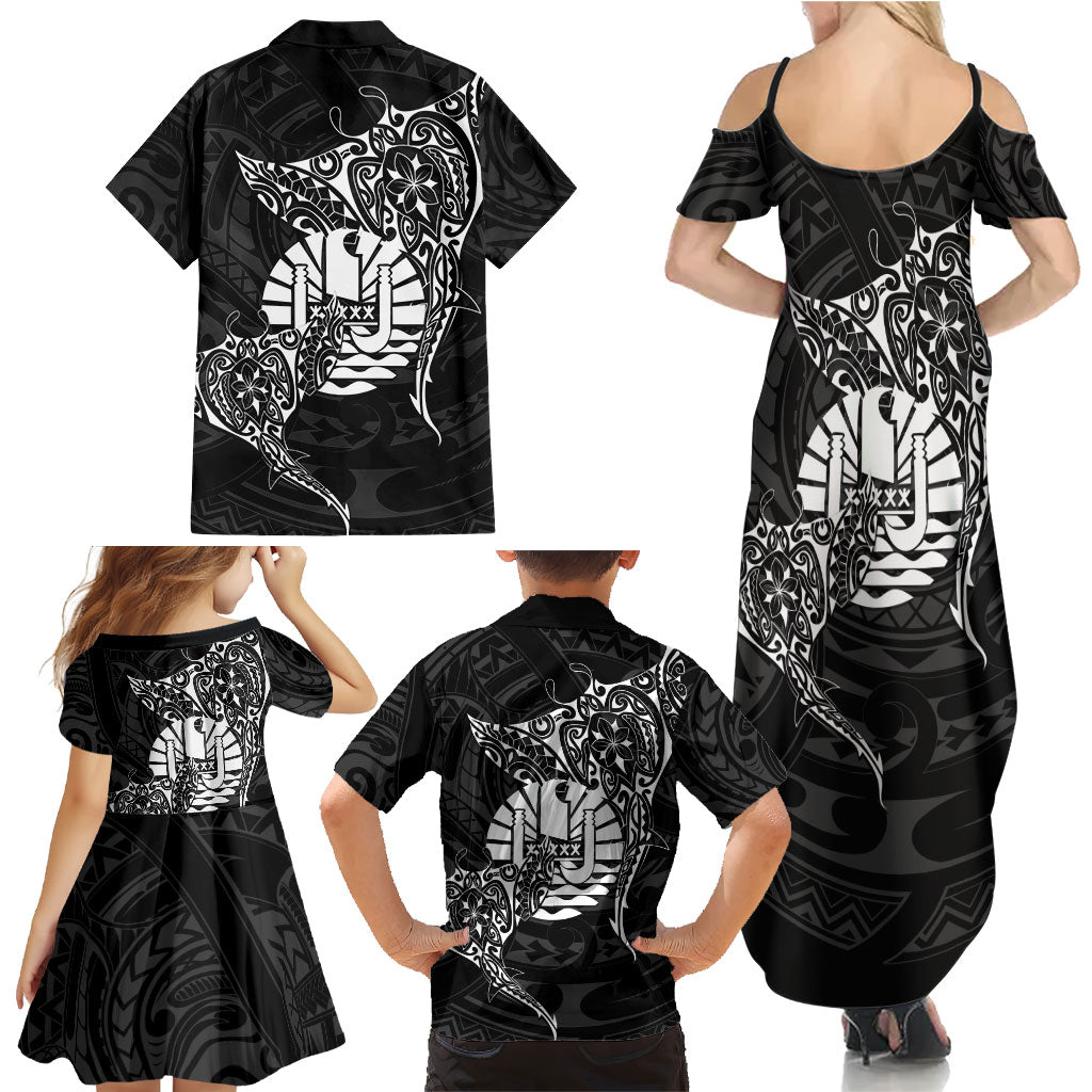 French Polynesia Manta Ray Tattoo Family Matching Summer Maxi Dress and Hawaiian Shirt Tahiti Hahalua Turtle Shark Black Color