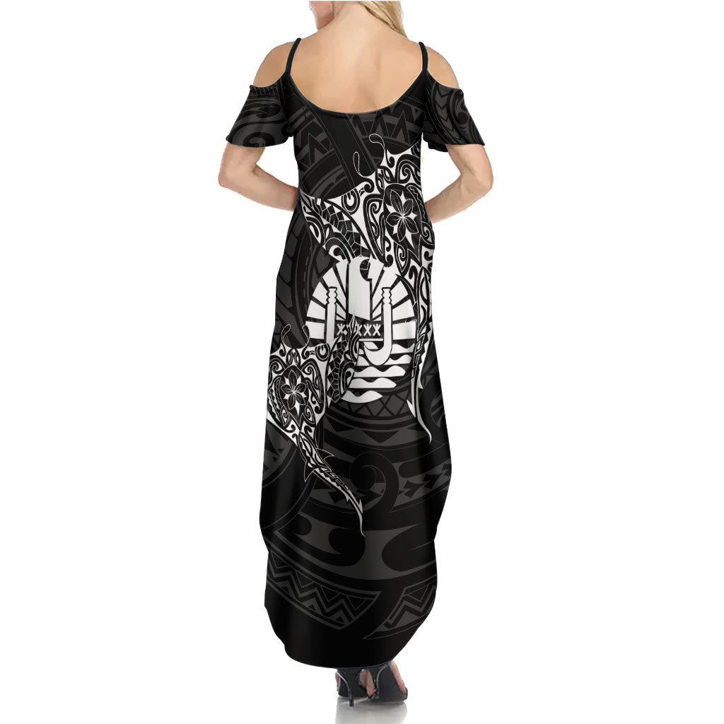 French Polynesia Manta Ray Tattoo Family Matching Summer Maxi Dress and Hawaiian Shirt Tahiti Hahalua Turtle Shark Black Color