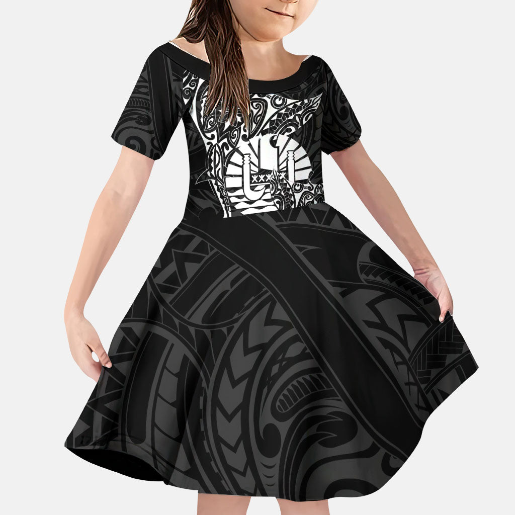 French Polynesia Manta Ray Tattoo Family Matching Tank Maxi Dress and Hawaiian Shirt Tahiti Hahalua Turtle Shark Black Color LT14 Daughter's Dress Black - Polynesian Pride