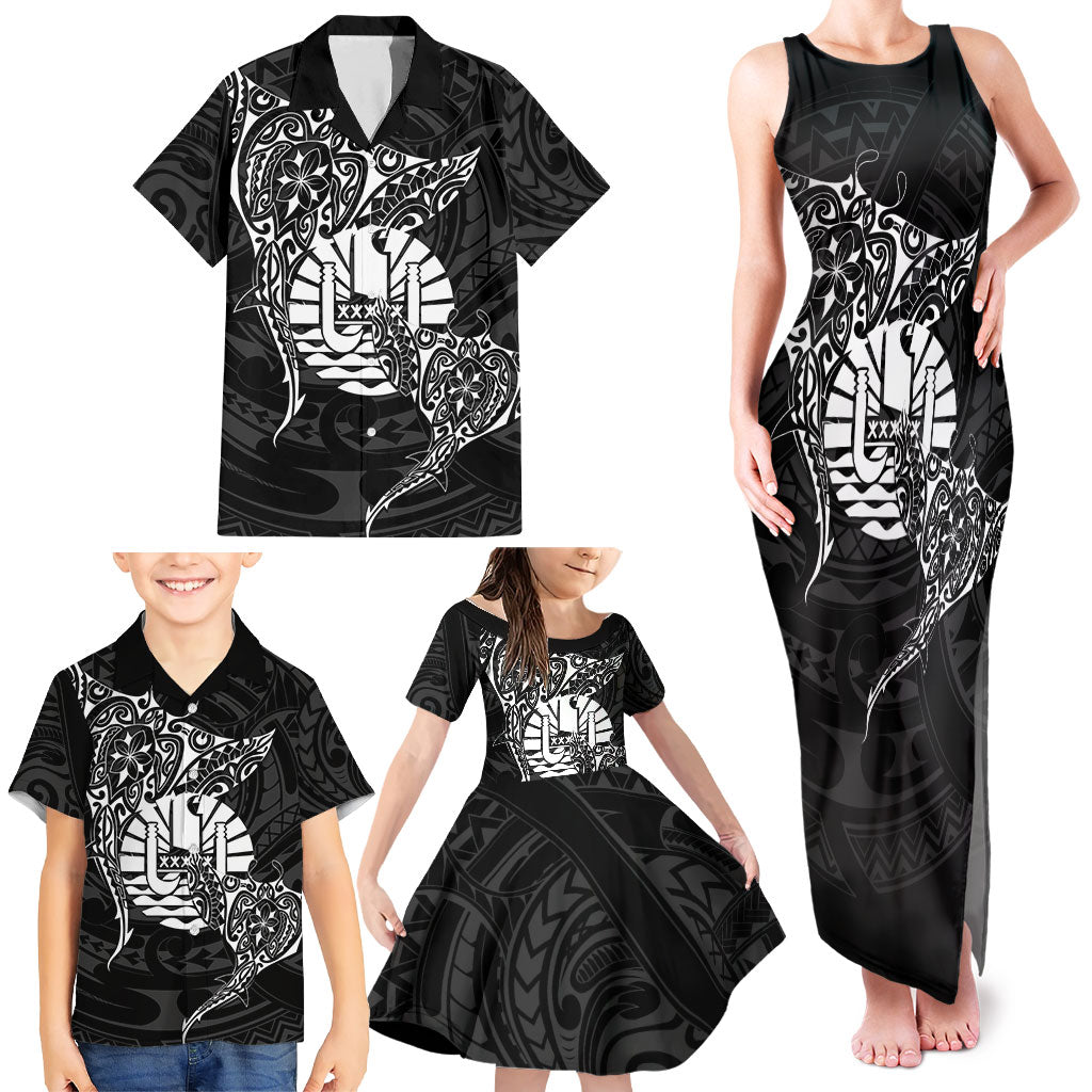 French Polynesia Manta Ray Tattoo Family Matching Tank Maxi Dress and Hawaiian Shirt Tahiti Hahalua Turtle Shark Black Color LT14 - Polynesian Pride