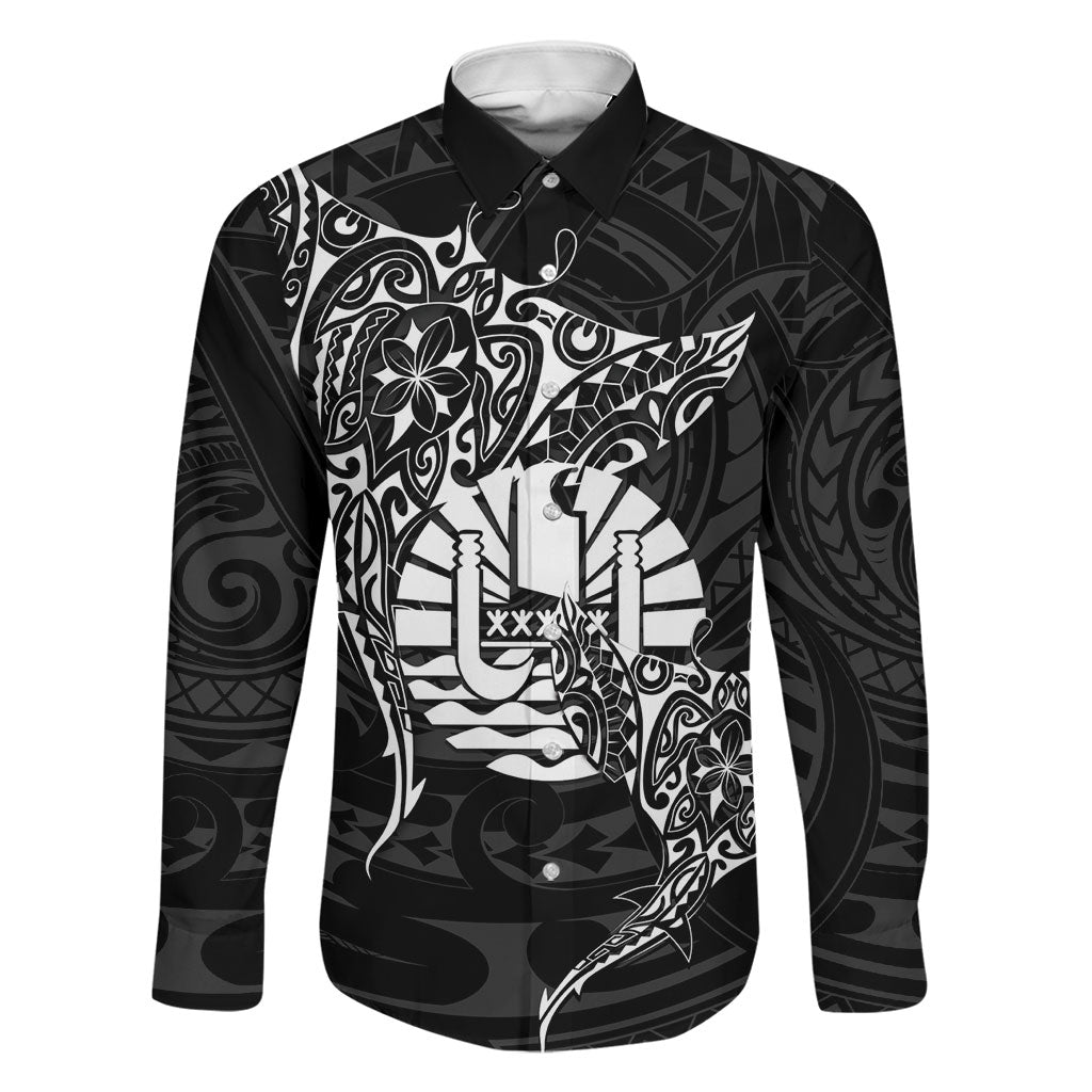 French Polynesia Manta Ray Tattoo Family Matching Tank Maxi Dress and Hawaiian Shirt Tahiti Hahalua Turtle Shark Black Color LT14 Dad's Shirt - Long Sleeve Black - Polynesian Pride