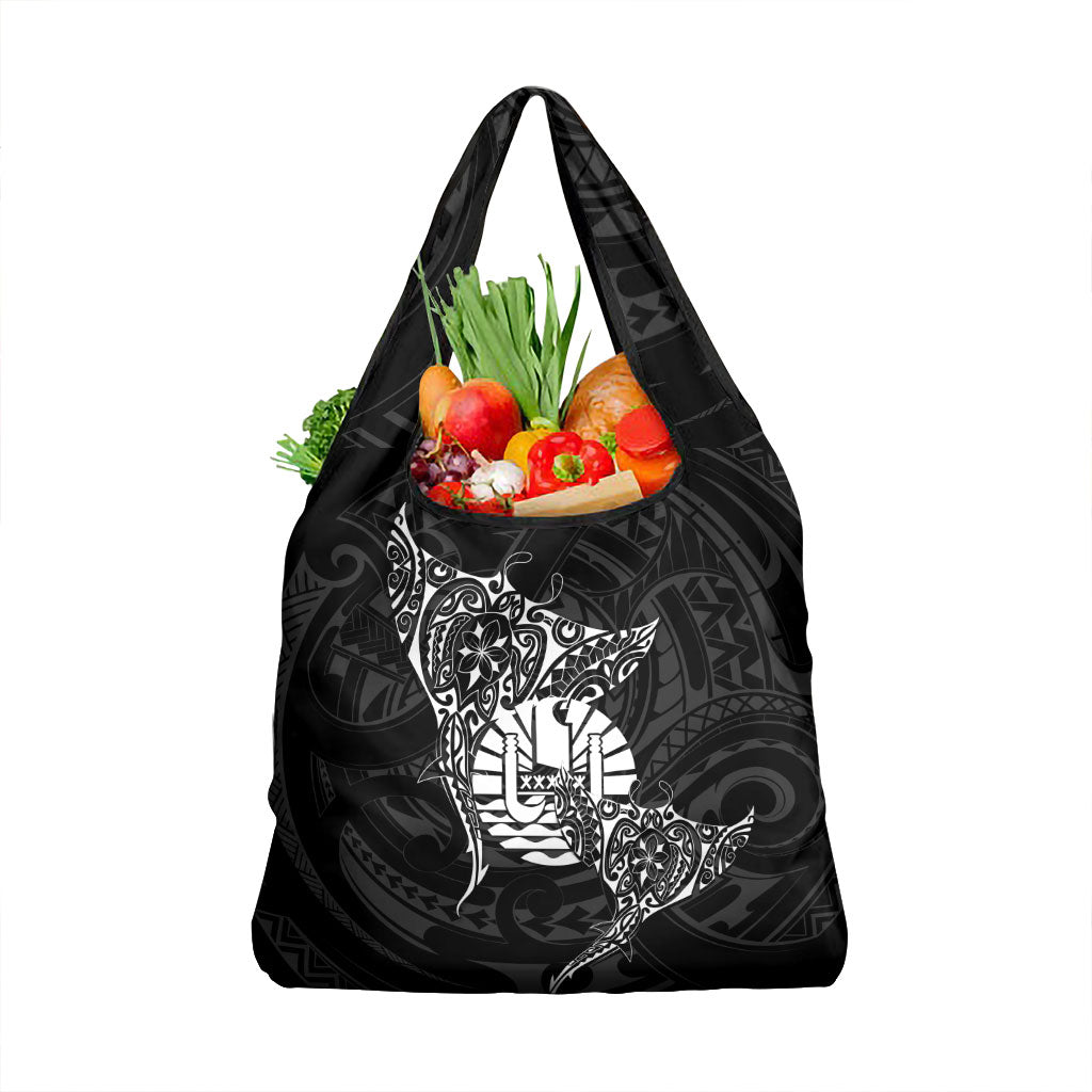 French Polynesia Manta Ray Tattoo Grocery Bag Tahiti Hahalua Turtle Shark Black Color
