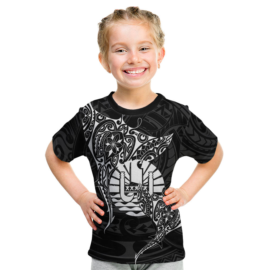 French Polynesia Manta Ray Tattoo Kid T Shirt Tahiti Hahalua Turtle Shark Black Color