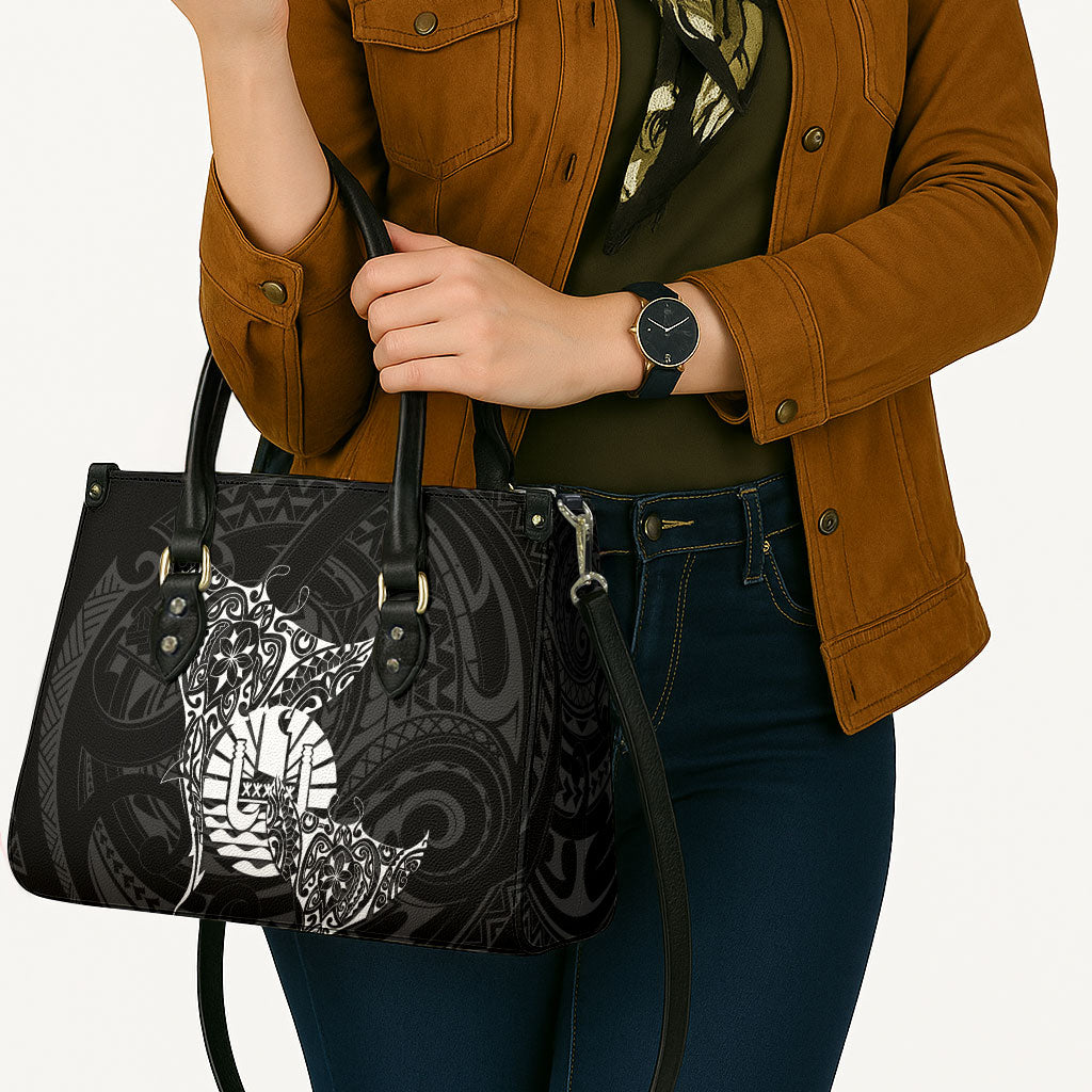 French Polynesia Manta Ray Tattoo Leather Bag Tahiti Hahalua Turtle Shark Black Color LT14 - Polynesian Pride