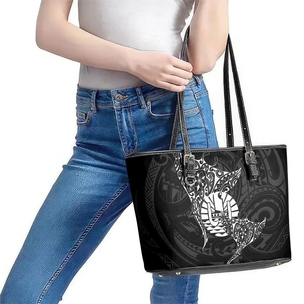 French Polynesia Manta Ray Tattoo Leather Tote Bag Tahiti Hahalua Turtle Shark Black Color LT14 - Polynesian Pride