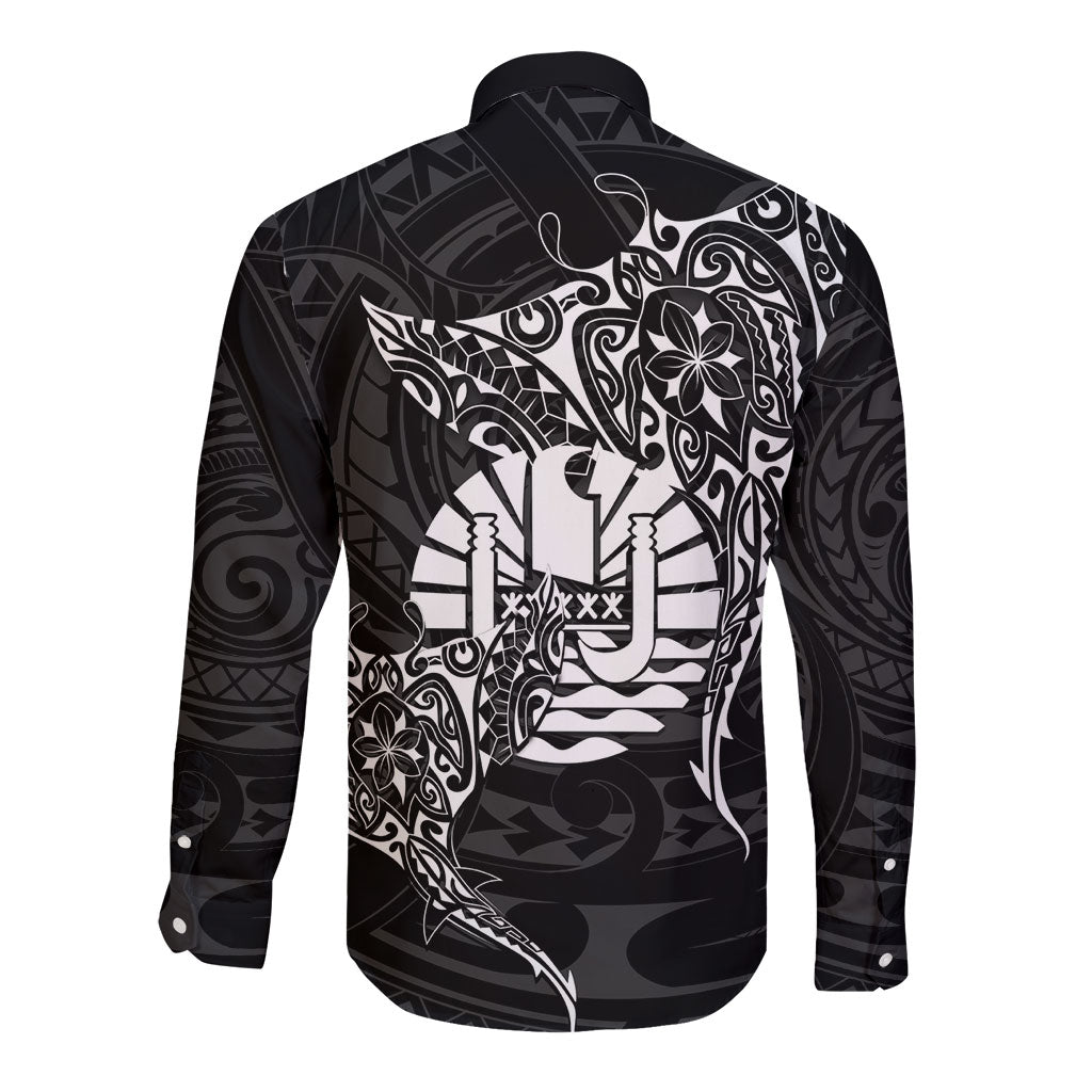 French Polynesia Manta Ray Tattoo Long Sleeve Button Shirt Tahiti Hahalua Turtle Shark Black Color