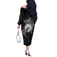 French Polynesia Manta Ray Tattoo Off The Shoulder Long Sleeve Dress Tahiti Hahalua Turtle Shark Black Color