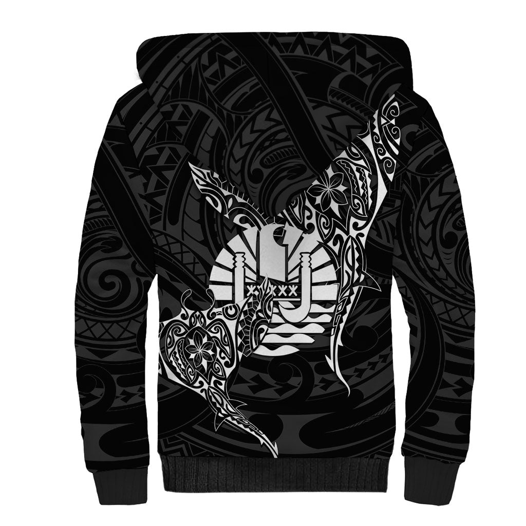 French Polynesia Manta Ray Tattoo Sherpa Hoodie Tahiti Hahalua Turtle Shark Black Color LT14 - Polynesian Pride