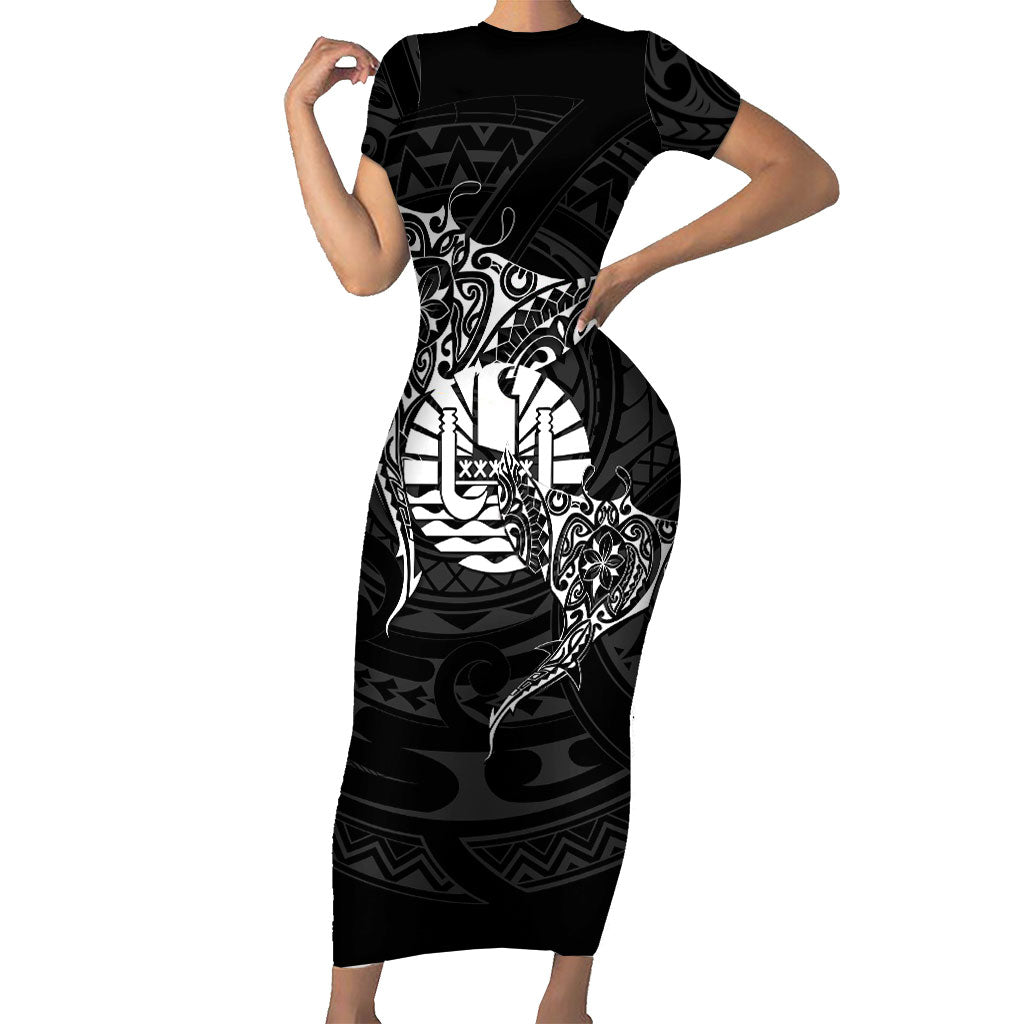 French Polynesia Manta Ray Tattoo Short Sleeve Bodycon Dress Tahiti Hahalua Turtle Shark Black Color