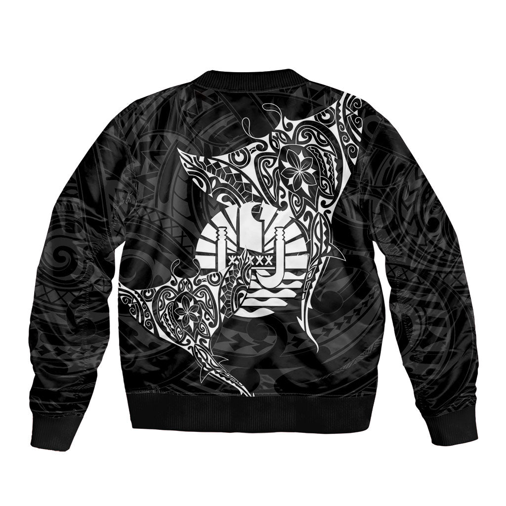French Polynesia Manta Ray Tattoo Sleeve Zip Bomber Jacket Tahiti Hahalua Turtle Shark Black Color