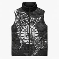 French Polynesia Manta Ray Tattoo Sleeveless Puffer Jacket Tahiti Hahalua Turtle Shark Black Color