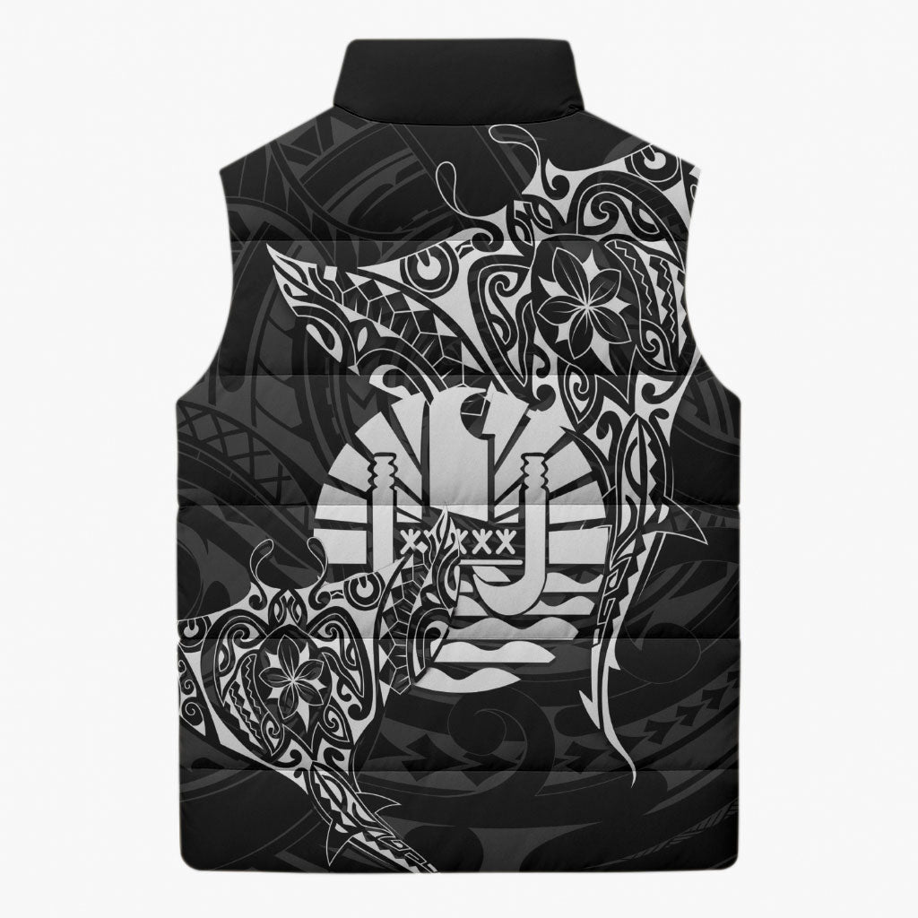 French Polynesia Manta Ray Tattoo Sleeveless Puffer Jacket Tahiti Hahalua Turtle Shark Black Color