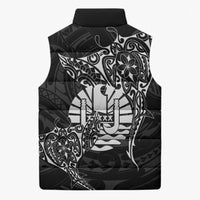 French Polynesia Manta Ray Tattoo Sleeveless Puffer Jacket Tahiti Hahalua Turtle Shark Black Color
