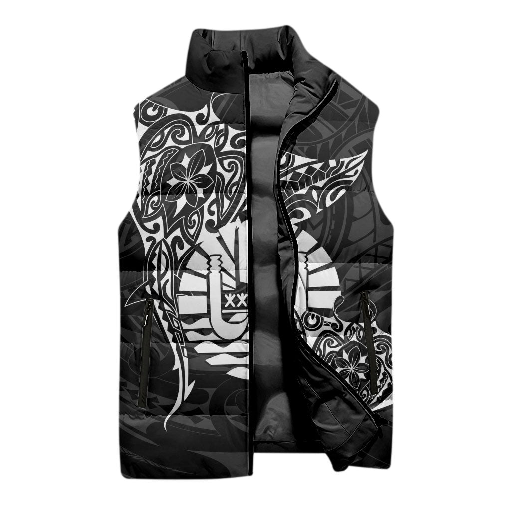 French Polynesia Manta Ray Tattoo Sleeveless Puffer Jacket Tahiti Hahalua Turtle Shark Black Color