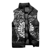 French Polynesia Manta Ray Tattoo Sleeveless Puffer Jacket Tahiti Hahalua Turtle Shark Black Color