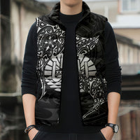 French Polynesia Manta Ray Tattoo Sleeveless Puffer Jacket Tahiti Hahalua Turtle Shark Black Color