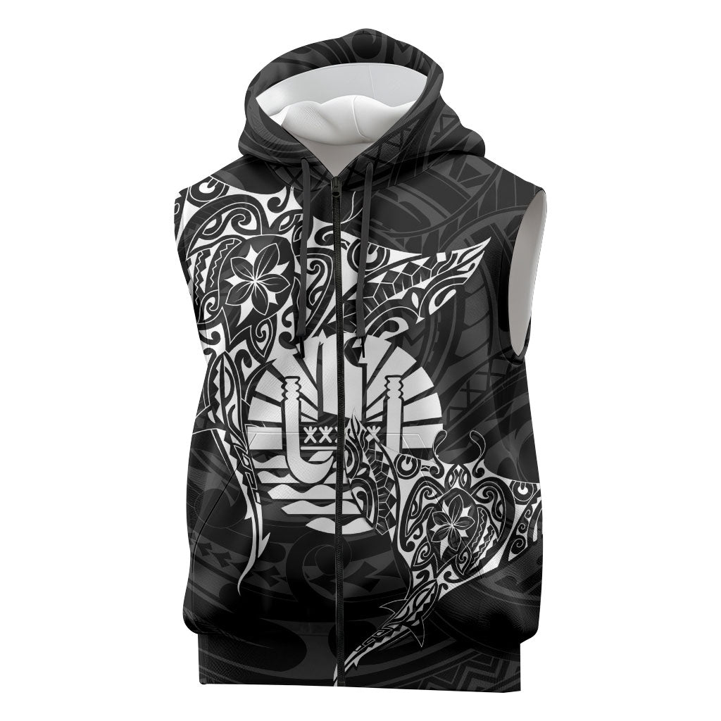 French Polynesia Manta Ray Tattoo Sleeveless Zip Hoodie Tahiti Hahalua Turtle Shark Black Color