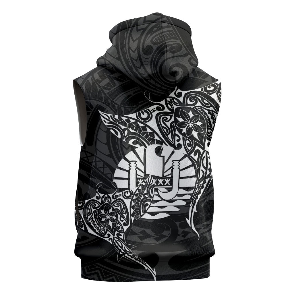 French Polynesia Manta Ray Tattoo Sleeveless Zip Hoodie Tahiti Hahalua Turtle Shark Black Color