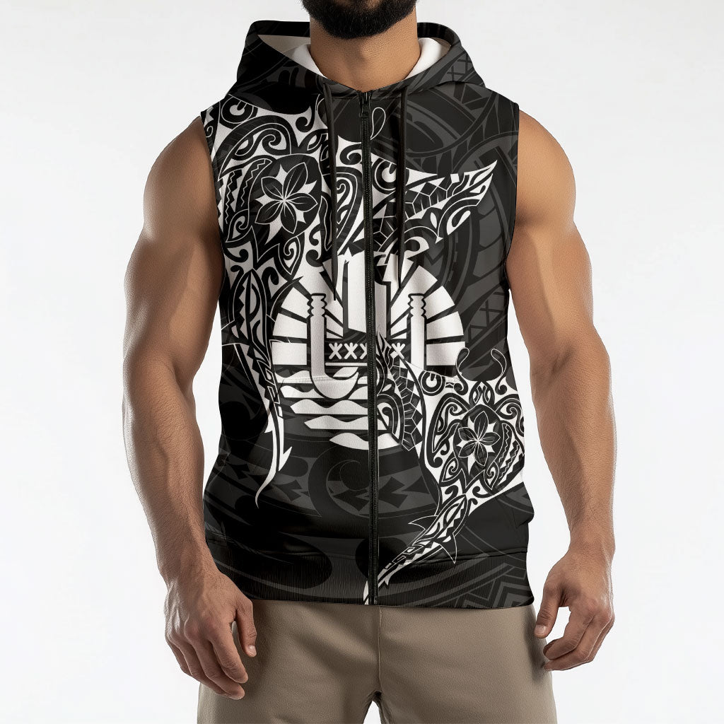 French Polynesia Manta Ray Tattoo Sleeveless Zip Hoodie Tahiti Hahalua Turtle Shark Black Color