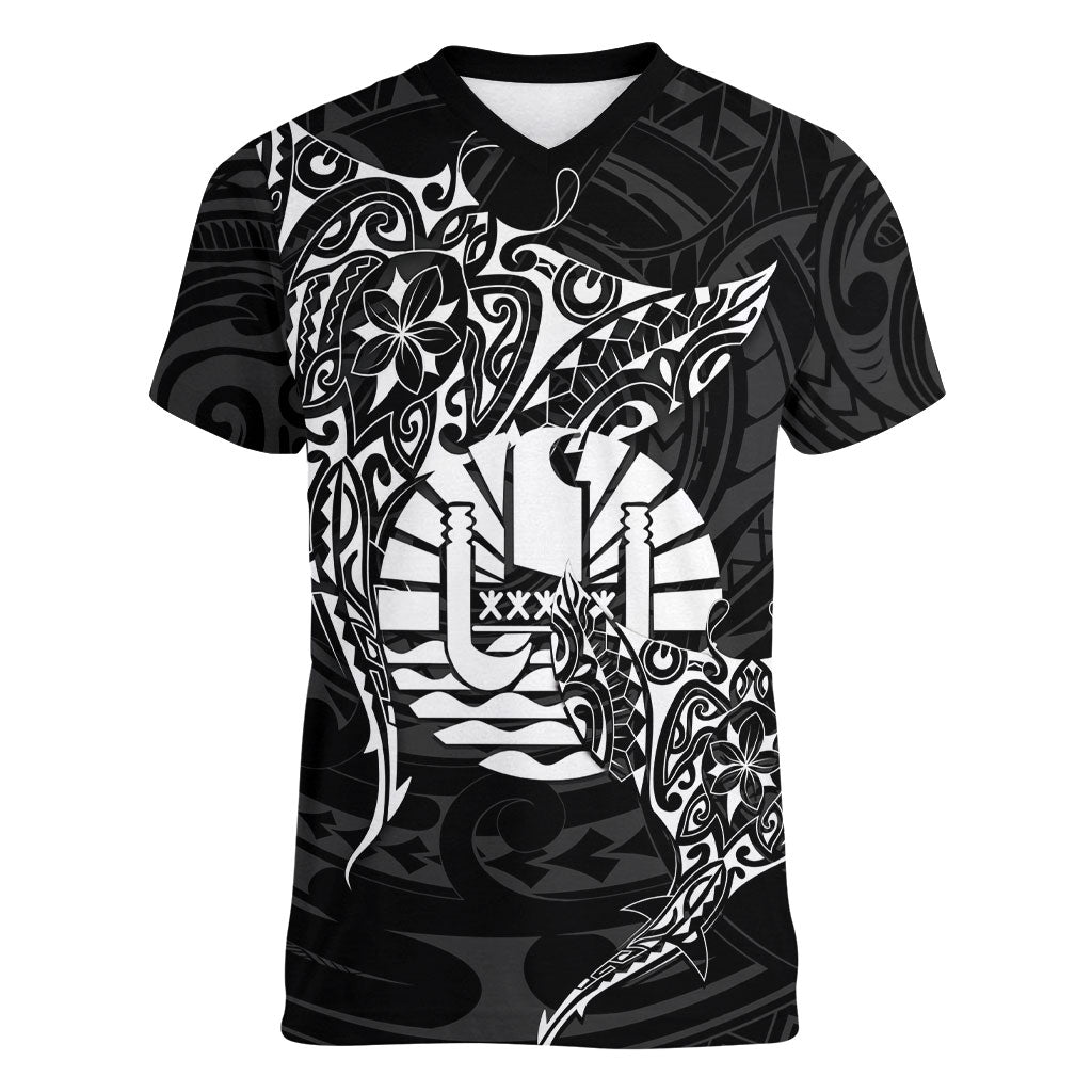 French Polynesia Manta Ray Tattoo Women V-Neck T-Shirt Tahiti Hahalua Turtle Shark Black Color
