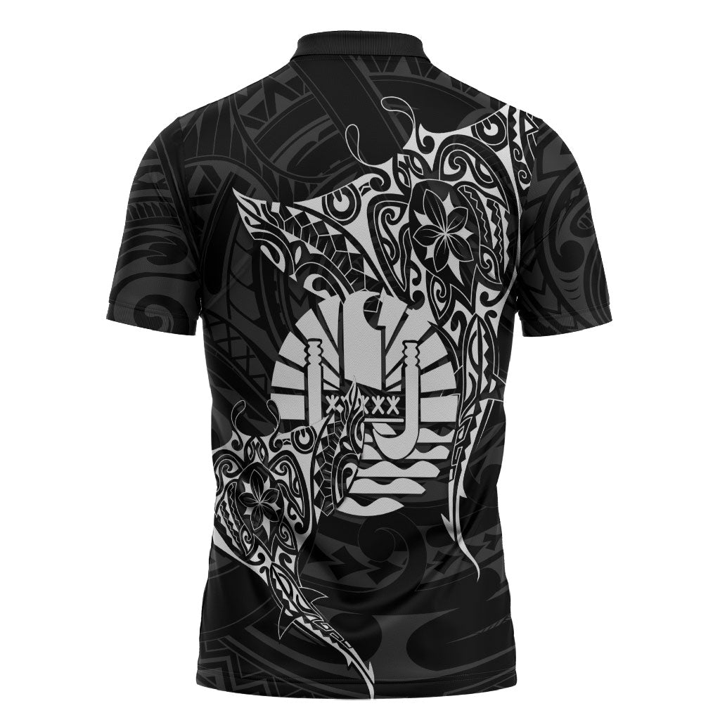 French Polynesia Manta Ray Tattoo Zipper Polo Shirt Tahiti Hahalua Turtle Shark Black Color LT14 - Polynesian Pride