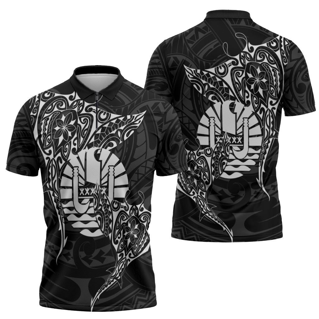 French Polynesia Manta Ray Tattoo Zipper Polo Shirt Tahiti Hahalua Turtle Shark Black Color LT14 - Polynesian Pride
