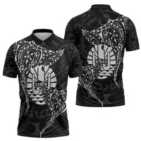 French Polynesia Manta Ray Tattoo Zipper Polo Shirt Tahiti Hahalua Turtle Shark Black Color LT14 - Polynesian Pride