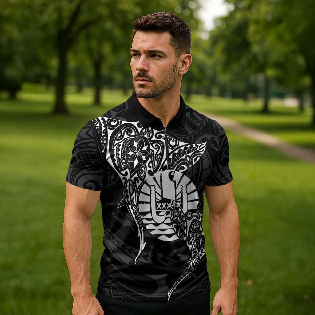 French Polynesia Manta Ray Tattoo Zipper Polo Shirt Tahiti Hahalua Turtle Shark Black Color LT14 - Polynesian Pride