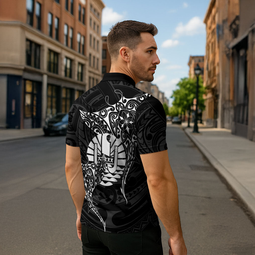 French Polynesia Manta Ray Tattoo Zipper Polo Shirt Tahiti Hahalua Turtle Shark Black Color LT14 - Polynesian Pride