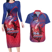 Guam Blue Marlin Fishing Couples Matching Long Sleeve Bodycon Dress and Hawaiian Shirt Guahan Fish Hook Tattoo