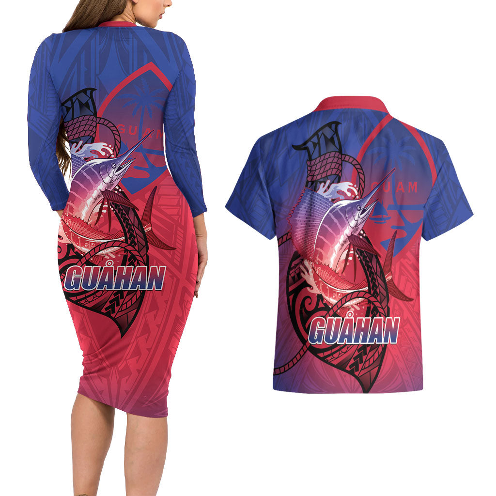 Guam Blue Marlin Fishing Couples Matching Long Sleeve Bodycon Dress and Hawaiian Shirt Guahan Fish Hook Tattoo