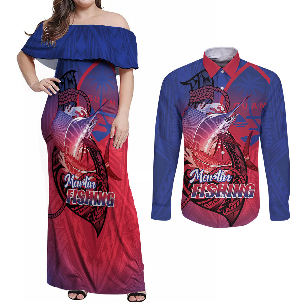 Guam Blue Marlin Fishing Couples Matching Off Shoulder Maxi Dress and Long Sleeve Button Shirt Guahan Fish Hook Tattoo LT14 Blue - Polynesian Pride