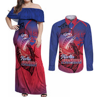 Guam Blue Marlin Fishing Couples Matching Off Shoulder Maxi Dress and Long Sleeve Button Shirt Guahan Fish Hook Tattoo LT14 Blue - Polynesian Pride