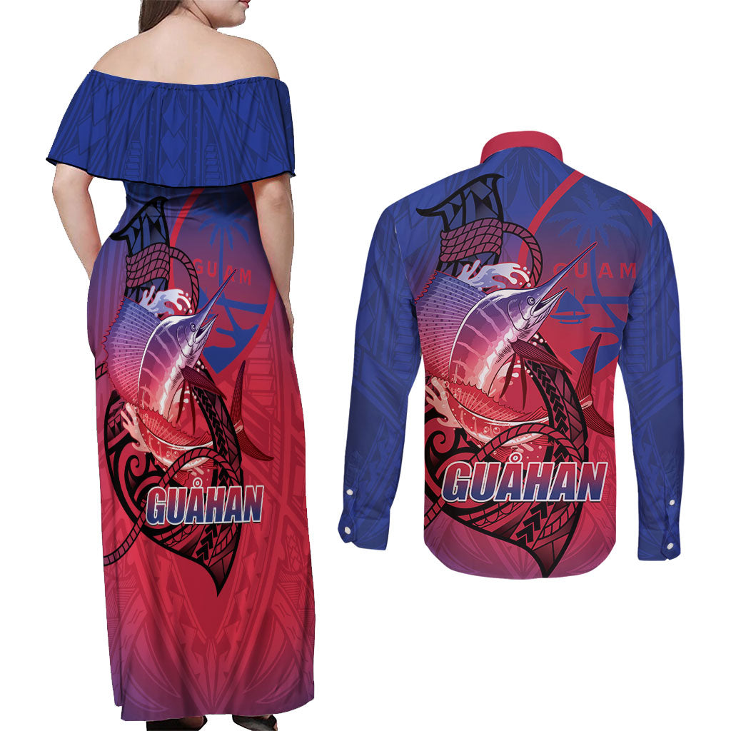 Guam Blue Marlin Fishing Couples Matching Off Shoulder Maxi Dress and Long Sleeve Button Shirt Guahan Fish Hook Tattoo LT14 - Polynesian Pride