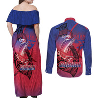 Guam Blue Marlin Fishing Couples Matching Off Shoulder Maxi Dress and Long Sleeve Button Shirt Guahan Fish Hook Tattoo LT14 - Polynesian Pride