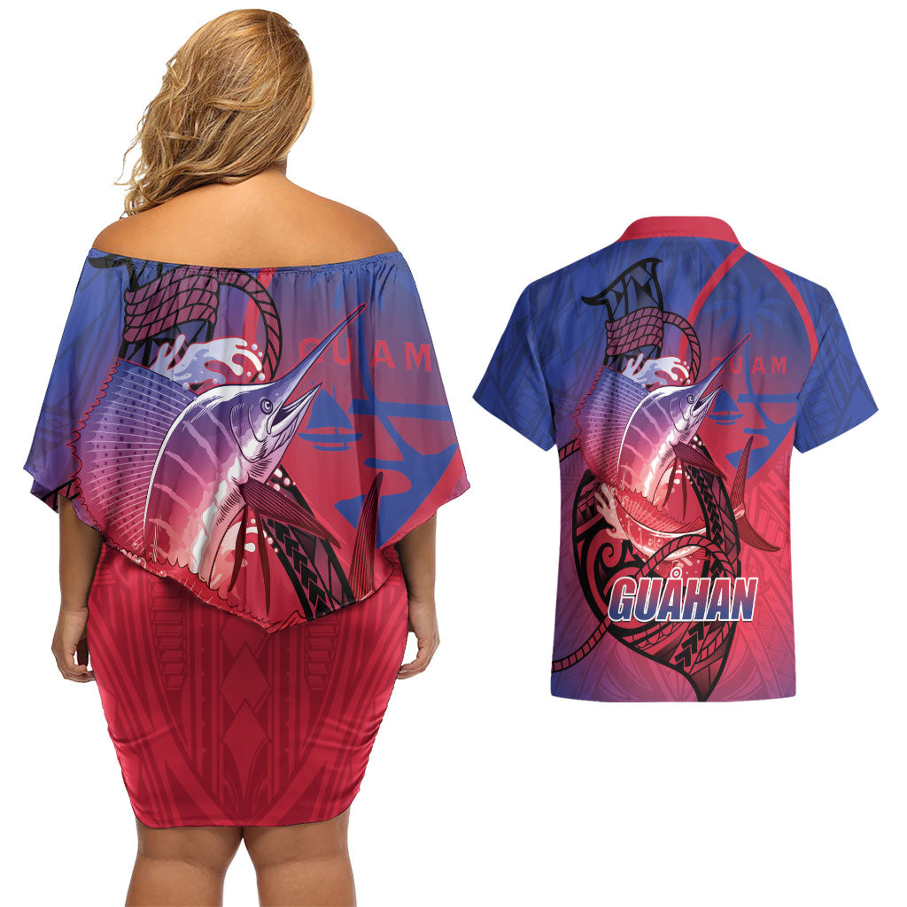 Guam Blue Marlin Fishing Couples Matching Off Shoulder Short Dress and Hawaiian Shirt Guahan Fish Hook Tattoo