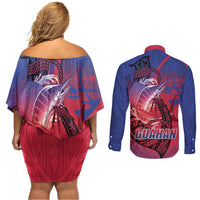 Guam Blue Marlin Fishing Couples Matching Off Shoulder Short Dress and Long Sleeve Button Shirt Guahan Fish Hook Tattoo