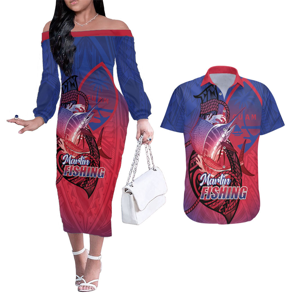 Guam Blue Marlin Fishing Couples Matching Off The Shoulder Long Sleeve Dress and Hawaiian Shirt Guahan Fish Hook Tattoo