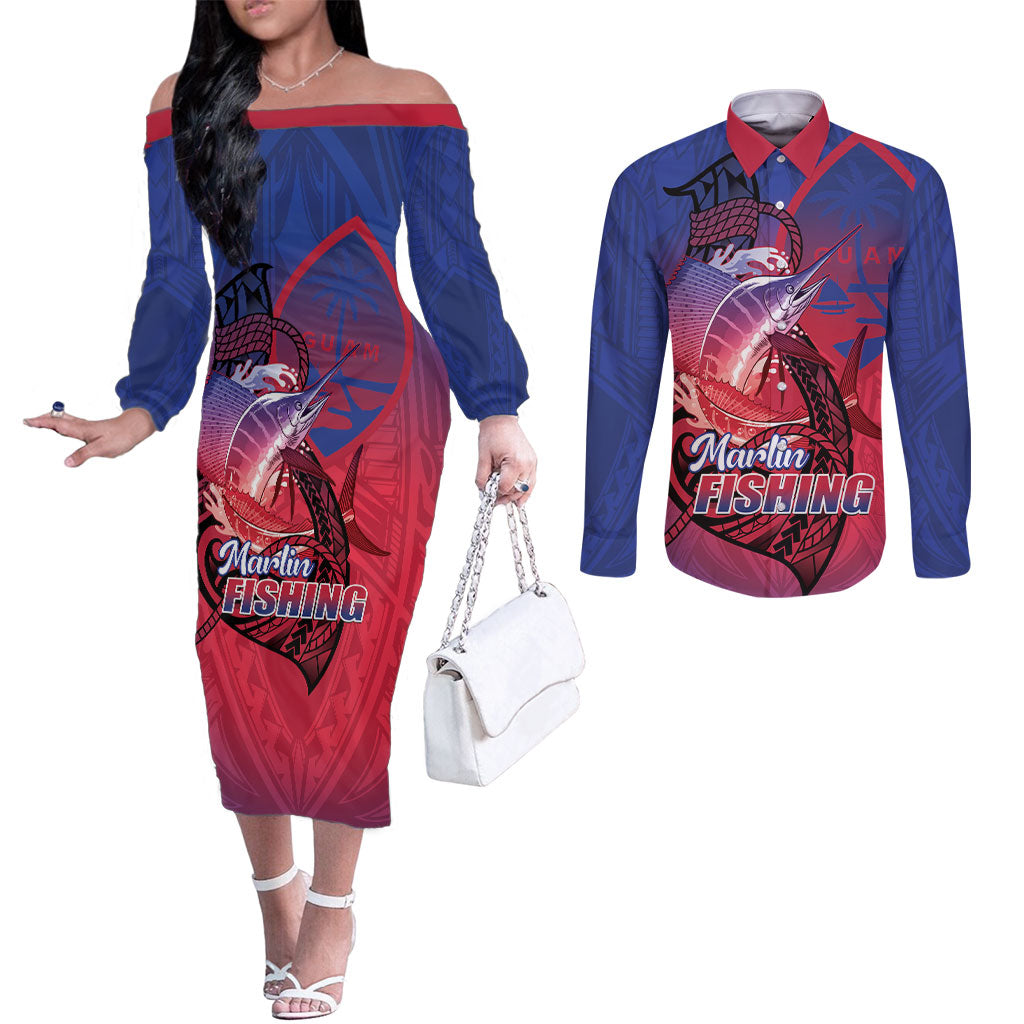 Guam Blue Marlin Fishing Couples Matching Off The Shoulder Long Sleeve Dress and Long Sleeve Button Shirt Guahan Fish Hook Tattoo
