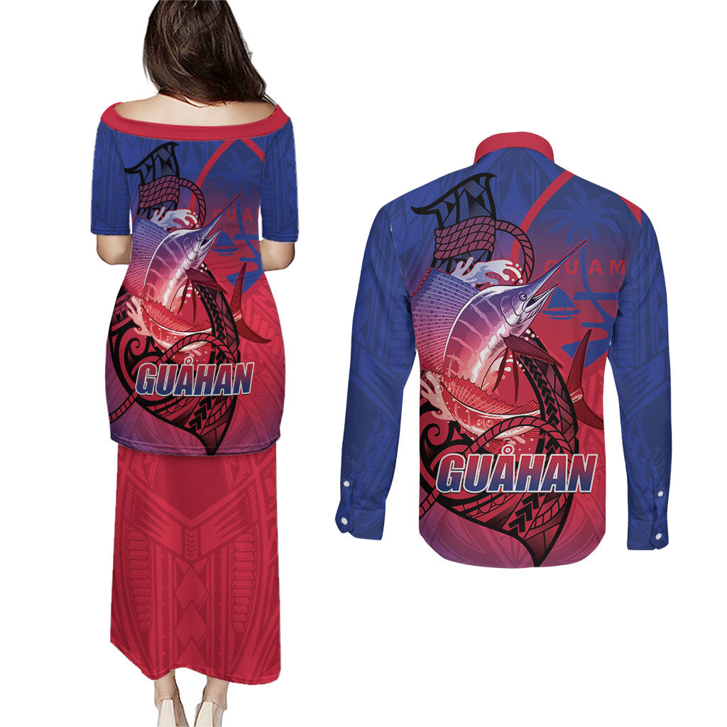 Guam Blue Marlin Fishing Couples Matching Puletasi and Long Sleeve Button Shirt Guahan Fish Hook Tattoo