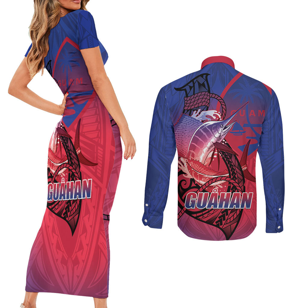 Guam Blue Marlin Fishing Couples Matching Short Sleeve Bodycon Dress and Long Sleeve Button Shirt Guahan Fish Hook Tattoo