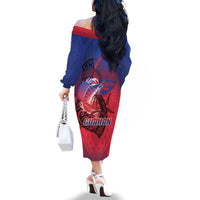 Guam Blue Marlin Fishing Family Matching Off The Shoulder Long Sleeve Dress and Hawaiian Shirt Guahan Fish Hook Tattoo