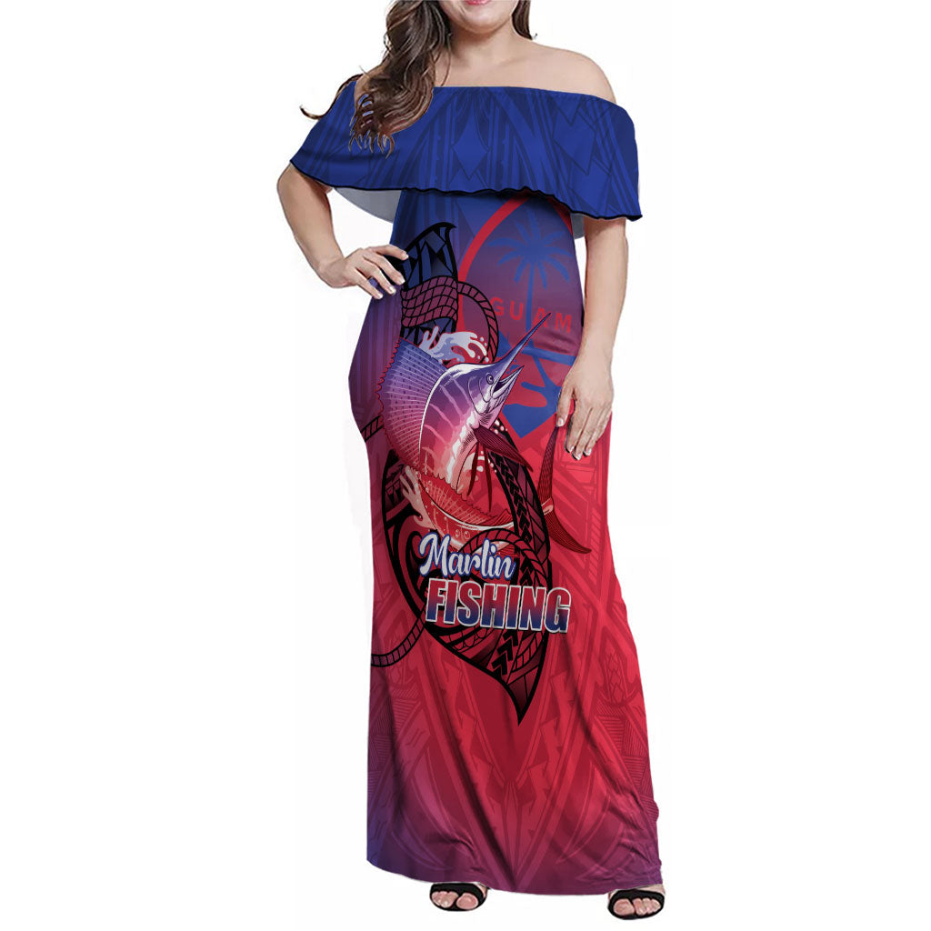 Guam Blue Marlin Fishing Family Matching Off Shoulder Maxi Dress and Hawaiian Shirt Guahan Fish Hook Tattoo