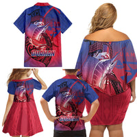 Guam Blue Marlin Fishing Family Matching Off Shoulder Short Dress and Hawaiian Shirt Guahan Fish Hook Tattoo