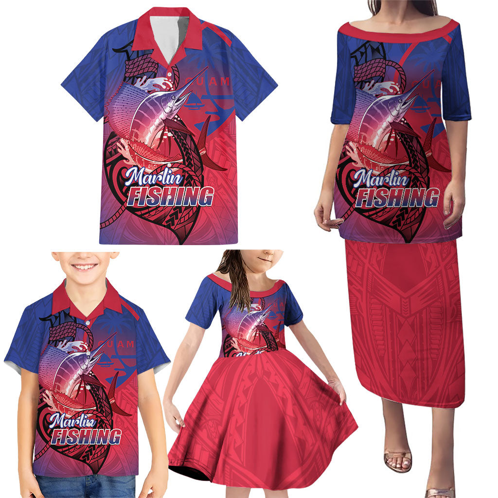 Guam Blue Marlin Fishing Family Matching Puletasi and Hawaiian Shirt Guahan Fish Hook Tattoo