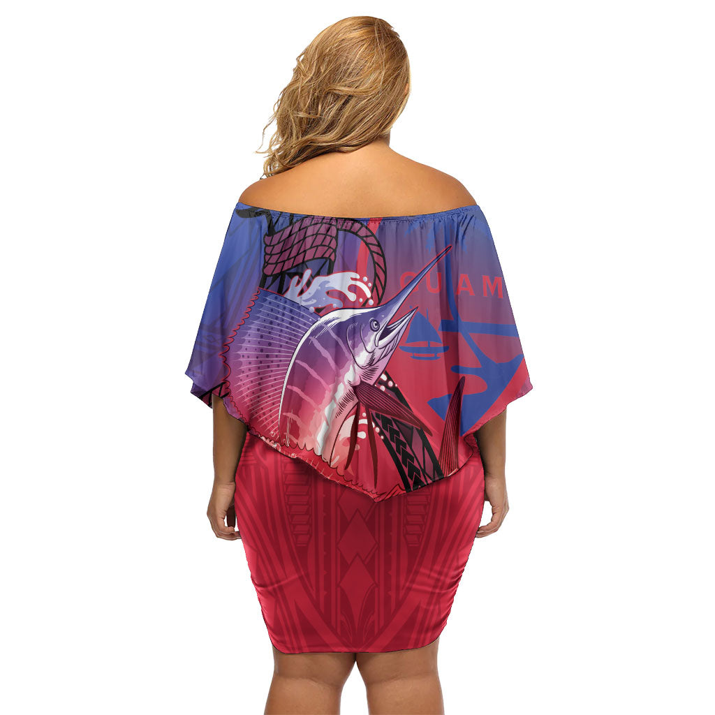 Guam Blue Marlin Fishing Off Shoulder Short Dress Guahan Fish Hook Tattoo