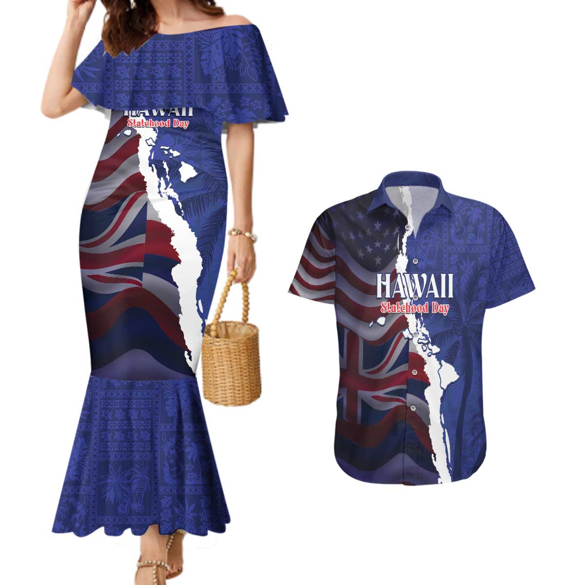 Personalized Hawaii Statehood Day Couples Matching Mermaid Dress and Hawaiian Shirt 66th Anniversary - Polynesian Pride