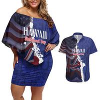 Personalized Hawaii Statehood Day Couples Matching Off Shoulder Short Dress and Hawaiian Shirt 66th Anniversary - Polynesian Pride